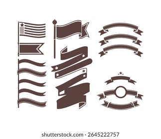 A set of patriotic banners, ribbons, and an American flag illustration in a vintage style, isolated on a white background. Vector graphic design elements.  