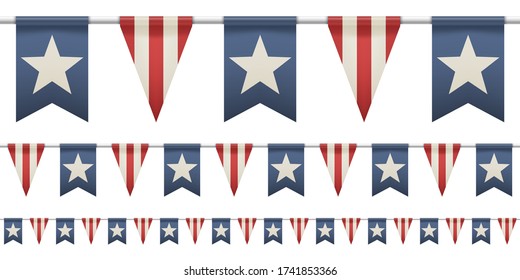 Set Of Patriotic Bunting Flags. U.S. Flag Garland. Design Elements For 4th Of July, Memorial Day, Presidential Election. Straight Garland With Flags. Vector Illustration.