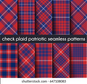 Set  Patriotic Check Plaid Seamless Pattern Background. Red, Blue  and  White  Plaid, Tartan Flannel Shirt Patterns.Trendy Tiles Vector Illustration for Wallpapers Intersecting Bands From One To Five.