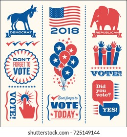 Eine Reihe patriotischer Gestaltungselemente, um die Wahlbeteiligung bei den Wahlen in den Vereinigten Staaten zu fördern. Für Webbanner, Karten, Poster, Aufkleber