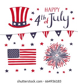 Set of Patriotic elements for celebrating 4th of July. hand drawn American Independence Day vector objects.