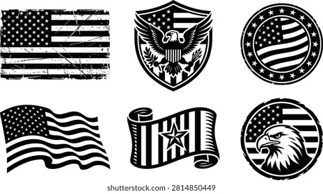 Set of patriotic emblems featuring bald eagle symbols weathered american flags and shield designs in black and white style