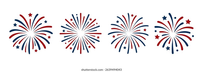 Set of patriotic fireworks in red and blue with stars. Fourth of July celebration symbol, Independence Day design element. Vector graphics.
