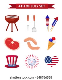 Set of patriotic icons Independence Day of America. July 4th collection of design elements, isolated on white background. National celebration, barbecue, BBQ.Vector illustration, clip art