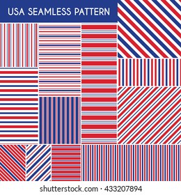 Set of patriotic red, white, blue geometric seamless pattern. Vector illustration with American symbol. USA flag wallpaper. Happy Independence Day 4th of July. Collection