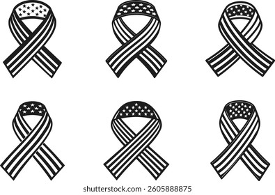 Set of Patriotic Ribbon Silhouettes – Memorial Day USA Flag Tribute Vector