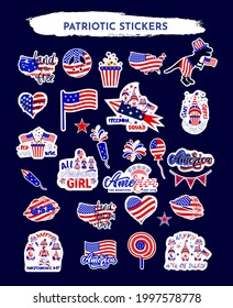 Set of patriotic stickers with quotes Land of the free, stars and stripes forever, red, white and blue. Funny gnomes. Lips, flag, heart, lolipop, peace sign, popcorn box. Vector illustration. 