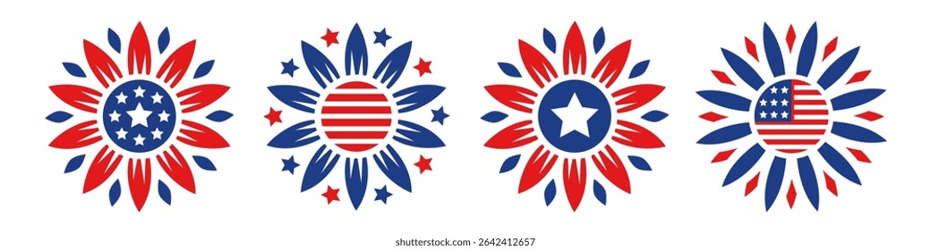 Set of patriotic sunflower vector illustrations. Happy 4th of July designs. Independence Day of United States of America. Flower with American flag for greeting card, banner, sticker, invitation
