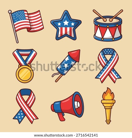A set of patriotic symbols representing the Fourth of July, including a flag, star, drum, medal, firework, ribbons, megaphone, and torch.