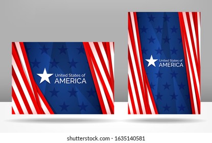 Set Of Patriotic Vector Illustration With Star And USA Flag. United States Of America Flag Abstract Concept With Red And Blue And White Colors Background For Banner Or A4 Vertical And Horizontal Cover