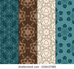 Set Of Pattern Of Abstract Geometric Flowers. Seamless Vector Illustration. For Design Greeting Cards, Backgrounds, Wallpaper, Interior Design. Tribal Ethnic Arabic, Fashion