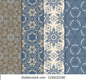 Set Of Pattern Of Abstract Geometric Flowers. Seamless Vector Illustration. For Design Greeting Cards, Backgrounds, Wallpaper, Interior Design. Tribal Ethnic Arabic, Fashion