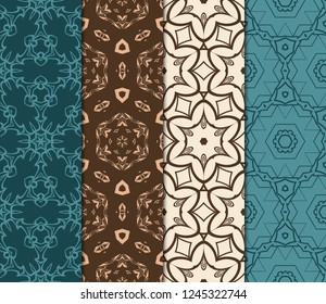 Set Of Pattern Of Abstract Geometric Flowers. Seamless Vector Illustration. For Design Greeting Cards, Backgrounds, Wallpaper, Interior Design. Tribal Ethnic Arabic, Fashion