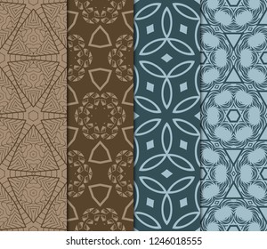 Set Of Pattern Of Abstract Geometric Flowers. Seamless Vector Illustration. For Design Greeting Cards, Backgrounds, Wallpaper, Interior Design. Tribal Ethnic Arabic, Fashion
