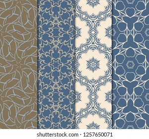 Set Of Pattern Of Abstract Geometric Flowers. Seamless Vector Illustration. For Design Greeting Cards, Backgrounds, Wallpaper, Interior Design. Tribal Ethnic Arabic, Fashion