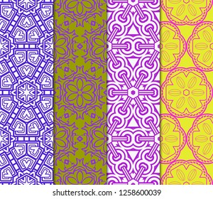 Set Of Pattern Of Abstract Geometric Flowers. Seamless Vector Illustration
