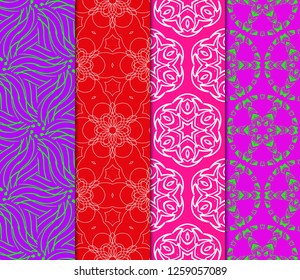 Set Of Pattern Of Abstract Geometric Flowers. Seamless Vector Illustration. For Design Greeting Cards, Backgrounds, Wallpaper, Interior Design. Tribal Ethnic Arabic, Fashion Decorative Ornament.