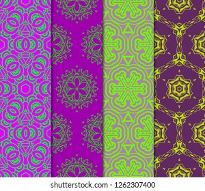 Set Of Pattern Of Abstract Geometric Flowers. Seamless Vector Illustration. For Design Greeting Cards, Backgrounds, Wallpaper, Interior Design. Tribal Ethnic Arabic, Fashion Decorative Ornament.