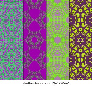 Set Of Pattern Of Abstract Geometric Flowers. Seamless Vector Illustration. For Design Greeting Cards, Backgrounds, Wallpaper, Interior Design. Tribal Ethnic Arabic, Fashion Decorative Ornament.