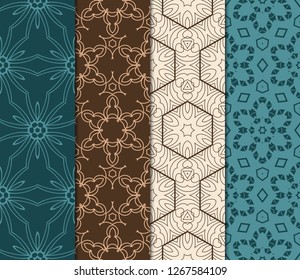 Set Of Pattern Of Abstract Geometric Flowers. Seamless Vector Illustration. For Design Greeting Cards, Backgrounds, Wallpaper, Interior Design. Tribal Ethnic Arabic, Fashion Set Of Pattern Of Abstract Geometric Flowers. Seamless Vector Illustration. For Design Greeting Cards, Backgrounds, Wallpaper, Interior Design. Tribal Ethnic Arabic, Fashion