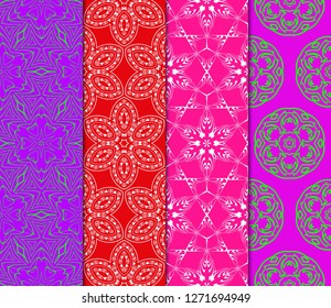 Set Of Pattern Of Abstract Geometric Flowers. Seamless Vector Illustration. For Design Greeting Cards, Backgrounds, Wallpaper, Interior Design. Tribal Ethnic Arabic, Fashion Decorative Ornament.