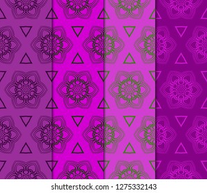 Set Of Pattern Of Abstract Geometric Flowers. Seamless Vector Illustration. For Design Greeting Cards, Backgrounds, Wallpaper, Interior Design. Tribal Ethnic Arabic, Fashion Decorative Ornament.