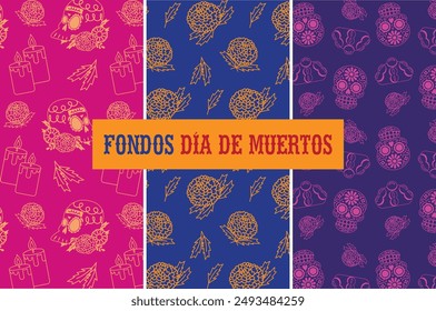 Conjunto de Patrón o fondo con Elementos del Día de Muertos como pan de muerto, calaverita, flores y velas, tradición mexicana.