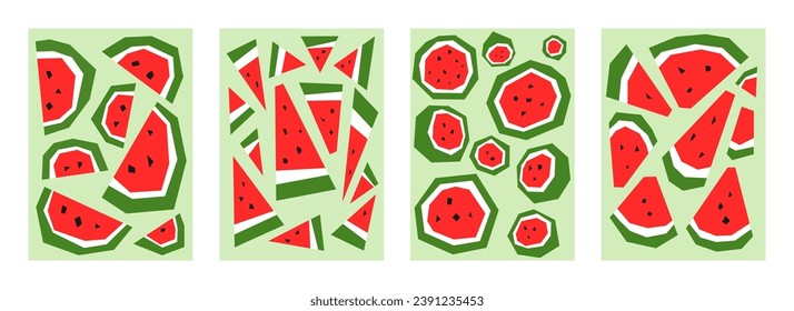 set of pattern background of different watermelon slice. vertical shape for frame, wallpaper, cover, and more design. flat vector illustration.