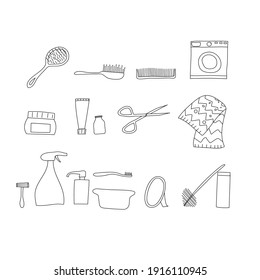 Set pattern with bathroom monoline elements. Hand drawn bathroom interior elements. Bath mirror, toothbrush sink, towel faucet, scissors comb.