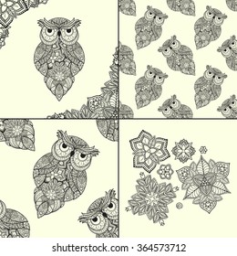 Set of pattern Boho ornamental owl illustration, ethnics abstract doodle on floral background, sketch of totem animal with feather in tribal decor 