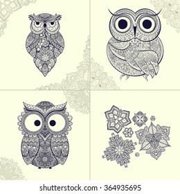 set of pattern Boho ornamental owl illustration, ethnics abstract doodle on floral background, sketch of totem animal with feather in tribal decor 
