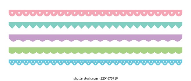 A set of pattern border line graphic illustrations in a combination of cute, colorful, abstract, geometric shapes. Lace, wave-shaped border.