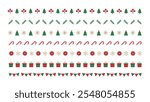 Set of pattern borders for Christmas concept in winter season December. Repeating cane, poinsettia, holly, flower, branch, star, light, snow, snowflake, garland, berrie, tree, gift  icon.