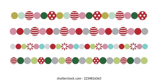 Set of pattern borders for Christmas concept in winter season December. Colorful ball-shaped design with dot and stripe patterns.