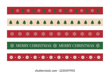 Set of pattern borders for Christmas concept in winter season December. Retro style ribbon design with repeating tree, snow and snowflake shapes.