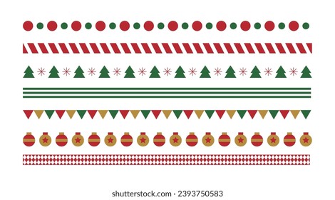 Set of pattern borders for Christmas concept in winter season December. Tree, decorative balls, garlands, flags, rhombus and stripes design elements repeating icons.