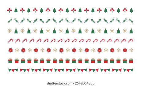 Set of pattern borders for Christmas concept in winter season December. Repeating cane, poinsettia, holly, flower, branch, star, light, snow, snowflake, garland, berrie, tree, gift  icon.