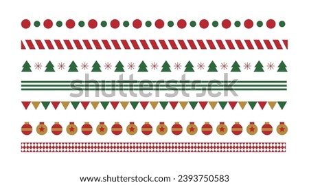 Set of pattern borders for Christmas concept in winter season December. Tree, decorative balls, garlands, flags, rhombus and stripes design elements repeating icons.