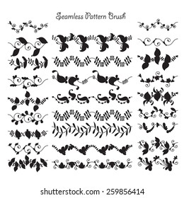 Set of pattern brushes. Natural vector brushes. Seamless element isolated on white background.The collection of beautiful brushes for texturing, circular frames, backgrounds.  