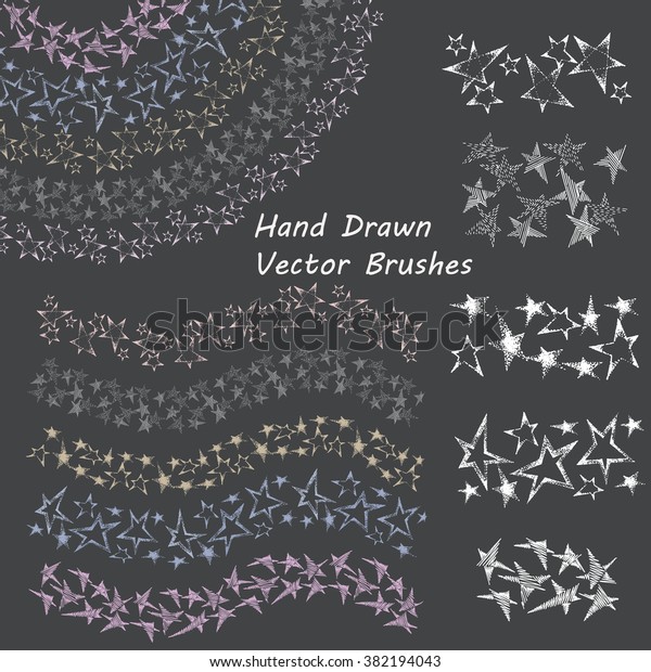 Set\
of Pattern Brushes from the stars drawn by hand.Seamless pattern of\
different colors for frames, borders and design elements. Vector\
isolated illustration. Brushes are included in\
eps.
