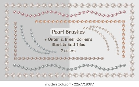 Set of pattern brushes with string of pearl beads. Chain brushes with corners, end and start tiles. Pastel colors. Isolated on light backgrounds.