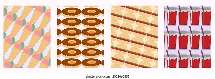 set of pattern with carbohydrat food themes, burger, doughnut,soda, icecream, etc