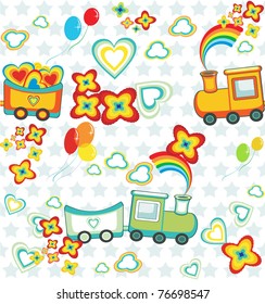 set of pattern of cartoon train with gifts, heart and flowers.