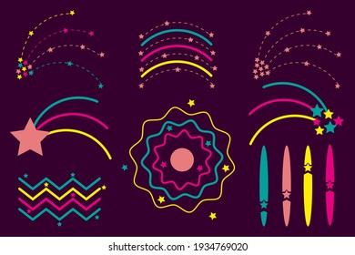 Set of pattern of celestial and optical phenomena, comet, meteor, northern lights, aureole, rainbow on dark background. Vector illustration for design, decoration of banners, books, postcards.