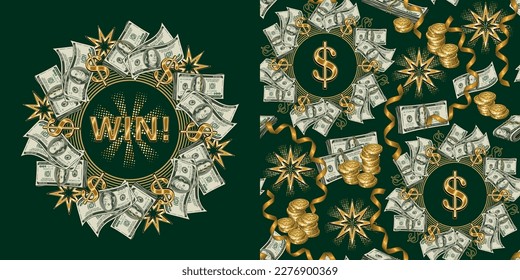 Set of pattern, circle label with 100 US dollar bills, wads, shiny golden dollar sign, ribbons, stars, halftone shapes, stacks of coins Concept of success, jackpot, luck, win, casino, Vintage style