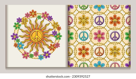 Conjunto de patrones, etiqueta circular con flor de camomila, signo de paz, cuentas, emoji. Rejilla geométrica con círculos. Ambiente tranquilo y positivo en un estilo campestre e hippie.