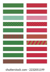 A set of pattern decoration labels with the concept of 'Christmas', a winter holiday and festival in December. Dot, stripe, check, and line patterns in red and green combinations.