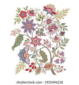 Set of pattern elements with stylized ornamental flowers in retro, vintage style. Jacobin embroidery. Colored vector illustration In pink