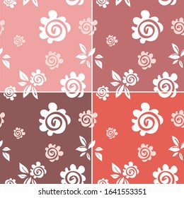 Set of pattern with flower pattern vector on pink background. Stylized flowers in silhouette.