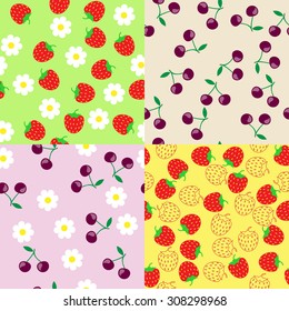 Set of pattern with flowers and berries (strawberry and cherry).